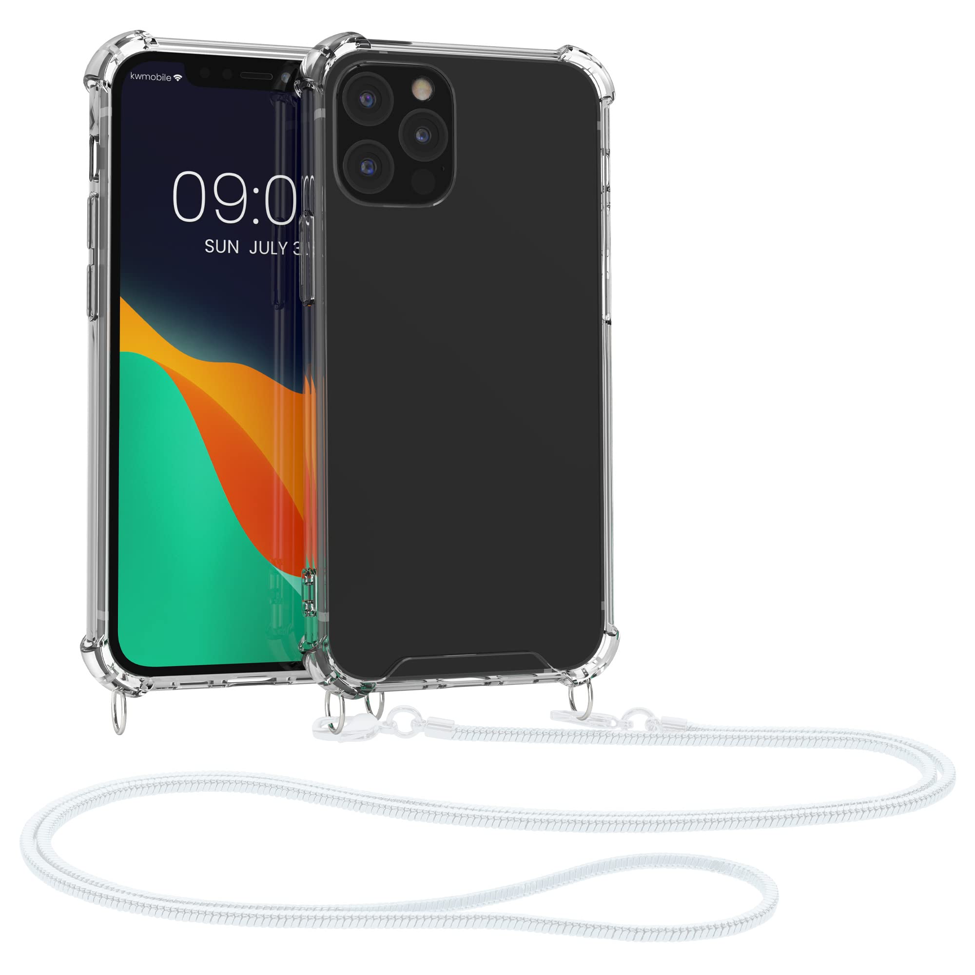 kwmobile Case Compatible with Apple iPhone 12 / iPhone 12 Pro - Crossbody Case Clear Transparent TPU Phone Cover with Metal Chain Strap - White