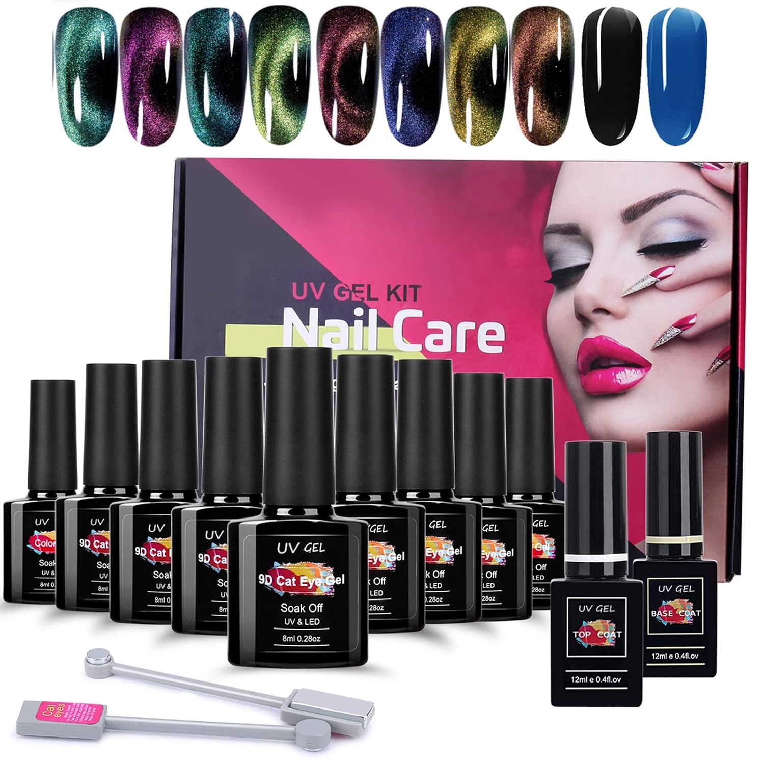 8ml Cat Eye Nagellack Magnetisch Set, TwoWin 9D Magnet Katzenauge Gel 8 Farben UV LED Gel mit Schwarzer, Dunkelblauer Grundfarbe, Decklack & Grundlack, 2 Magnetstifte