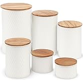 Alasitas 6 Canister Set for the Kitchen Countertop – Metal Food Storage Canisters with Airtight Lids for Flour, Tea, Crafts, Coffee, & Sugar – Container Set with Modern Wood Lids, White