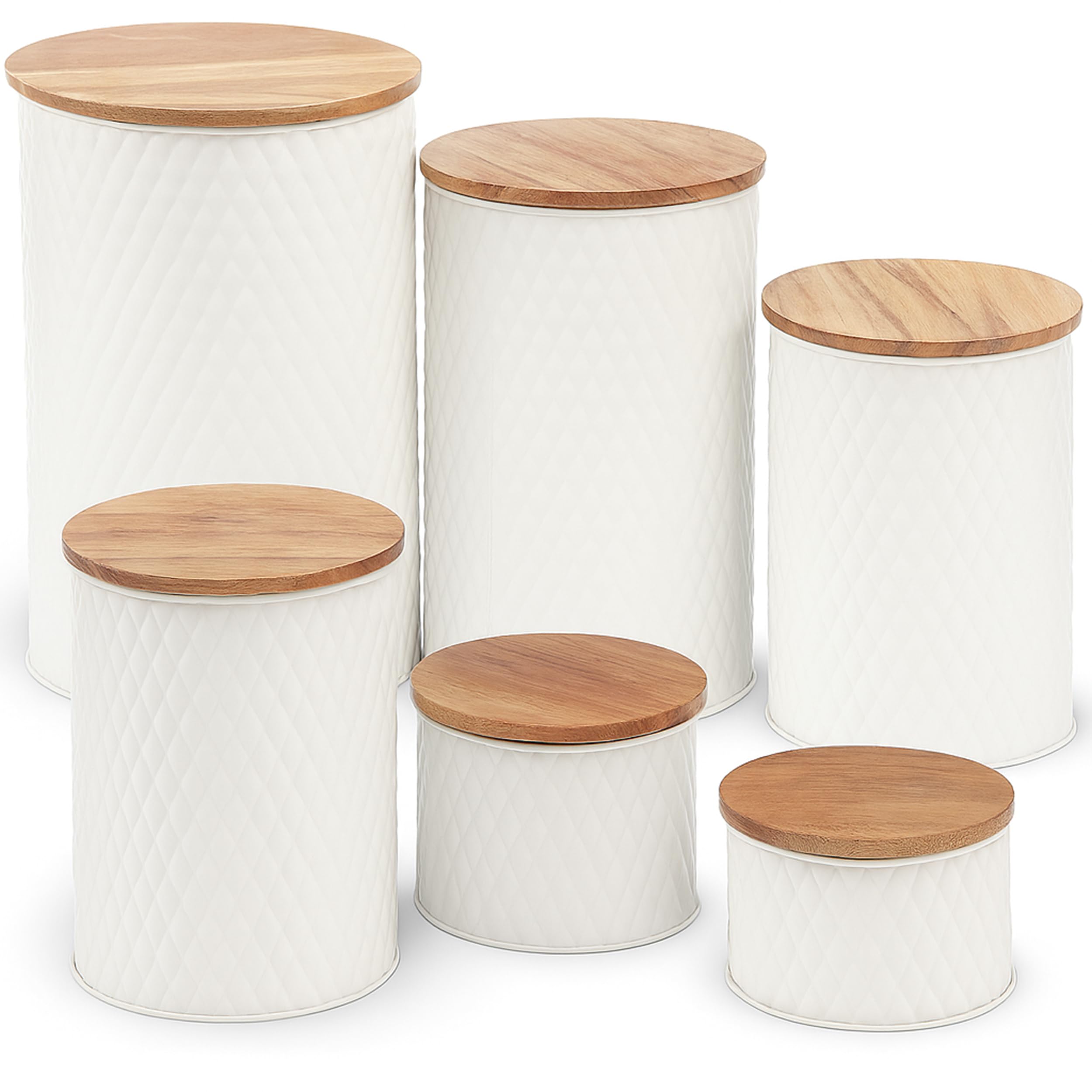 Photo 1 of Alasitas 6 Canister Set for the Kitchen Countertop – Metal Food Storage Canisters with Airtight Lids for Flour, Tea, Crafts, Coffee, & Sugar – Container Set with Modern Wood Lids, White