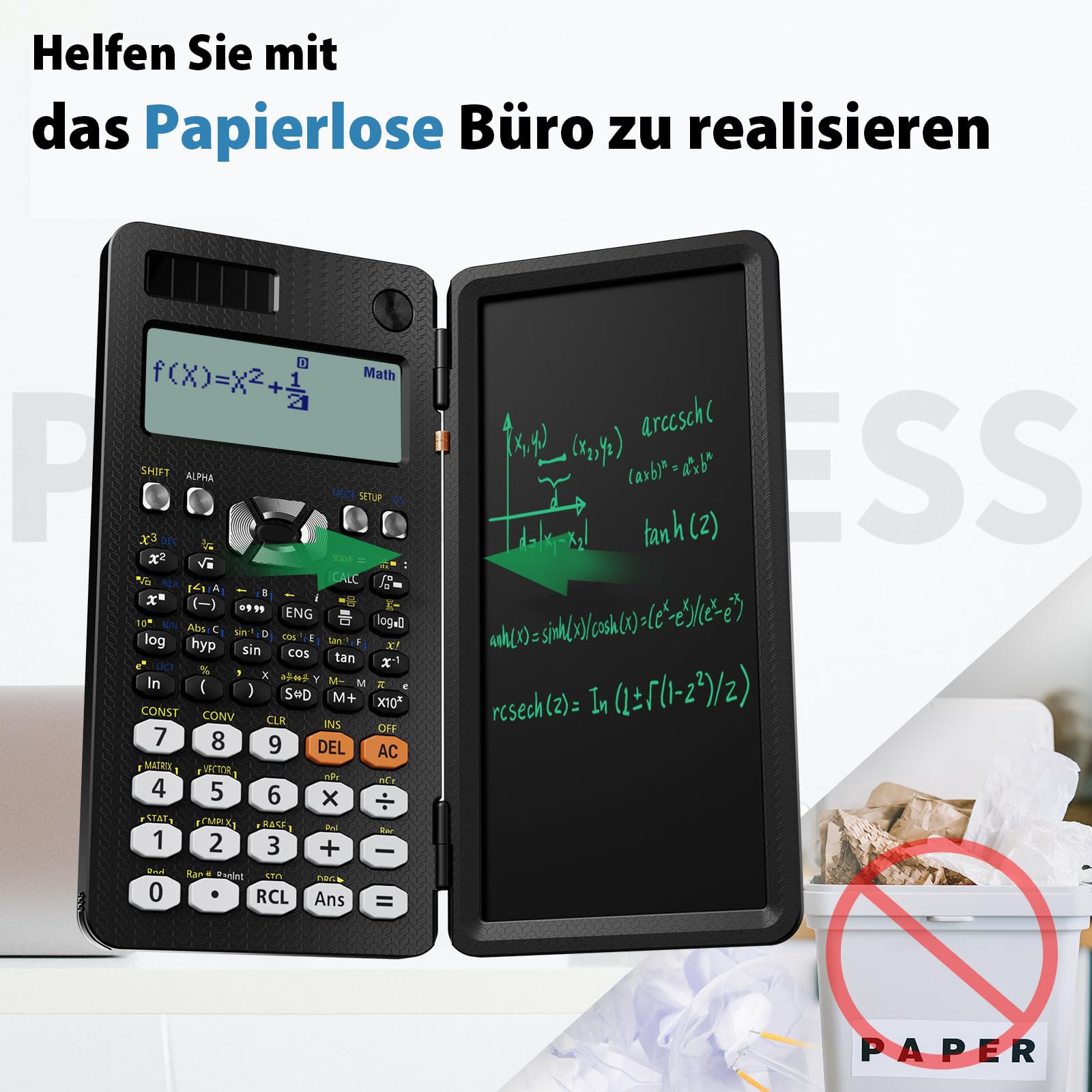 Verbesserter 991ES Plus wissenschaftlicher Taschenrechner, ROATEE professioneller Finanzrechner mit löschbarem LCD-Schreibtablet, Solar- und Akku, Tischrechner mit Notizblock für Büro, Schule 3