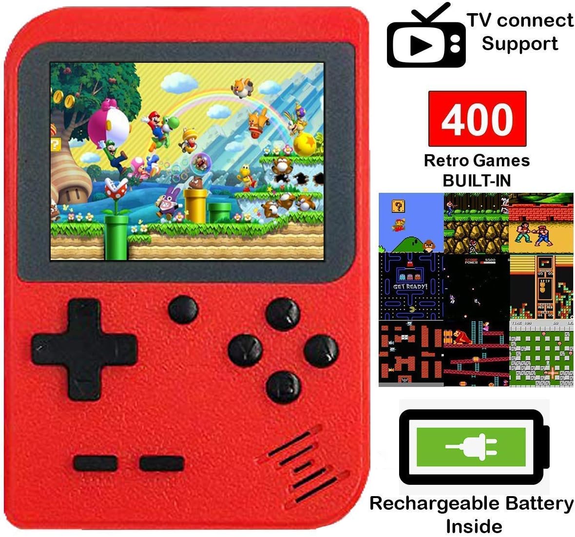 DigitCont Retro Mini Handheld Arcade, Built-in with 400 Classic Games Miniature Console Handheld Portable Game Cabinet Machine Rechargeable Battery Inside Support TV Red