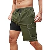 SILKWORLD Mens Swim Trunks with Compression Liner 9 Inch Bathing Suits Quick-Dry Swimming Beach Shorts with Cargo Pockets