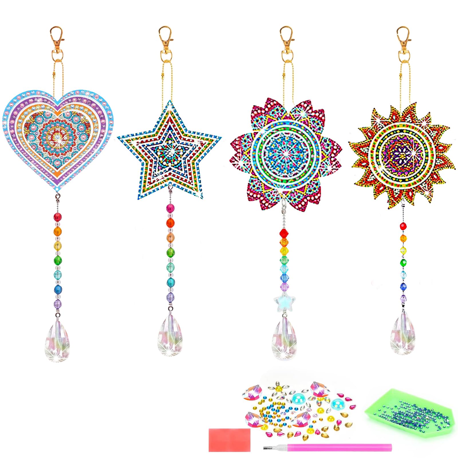 Gifts for 6-14 Year Old Girls, Craft Kits for Kids, 5D Diamond Painting Kits, Flowers Stars Diamond Painting Wind Chimes with Double Sided Rhinestone for Window Home Garden Decor (4pcs)