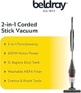 Beldray 2 in 1 Upright Vacuum Cleaner 600W Bagless 1L HEPA Corded view 2