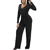 LightlyKiss Women's casual sexy V-neck sparkling jumpsuit long sleeve loose jumpsuits Fashion Club party Rompers with belt