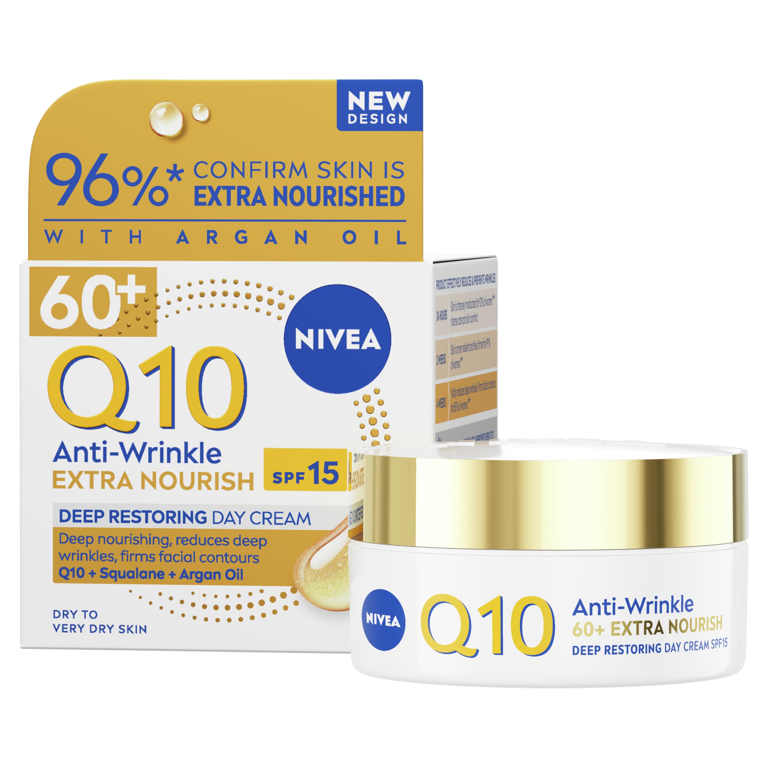 NIVEA Q10 Anti-Wrinkle 60+ Extra Nourishing Day Cream SPF 15 (50ml), Anti Wrinkle Face Cream to Reduce Fine Lines and Firm Skin, Nourishing Face Moisturiser for Mature Skin