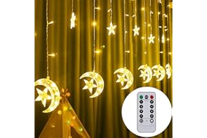 Twinkle Star 138 LED Star Moon Curtain String Lights, 8 Modes Decorations for Ramadan, Christmas, Wedding, Party, Home, Patio Lawn, Warm White (USB Powered)