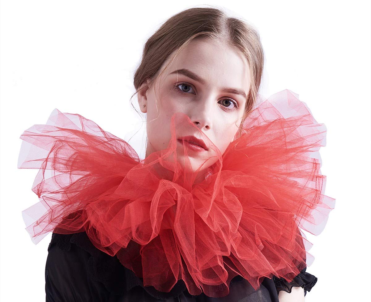 BLESSUME Victorian Tulle Ruffled Renaissance Neck Collar Cosplay Props (Red)