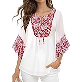 Lotusmile Womens Blouses Dressy Casual 3/4 Sleeve Tops Ruffle Floral V Neck Chiffon Trendy Work Shirts