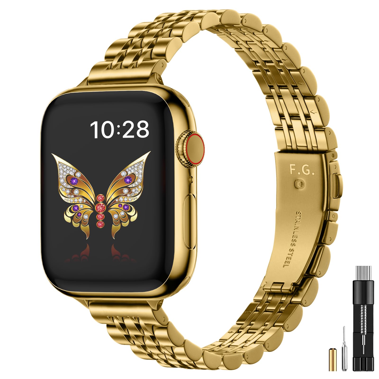 Fullmosa Slim Metal Straps Compatible with Apple Watch Straps 42mm(Series 11/10) 41mm 40mm 38mm for Women, Stainless Steel Thin iWatch Bands for SE 3 2 1/Series 11 10 9 8 7 6 5 4 3 2 1, Gold — image 1
