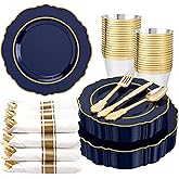 Liacere 175PCS Navy Blue Plastic Plates-Disposable Blue Gold - 25guest Baroque Plastic Dinnerware include 50Plates,25Pack Pre Rolled Napkins with Silverware 25Cups for Wedding &Father's Day&New Year