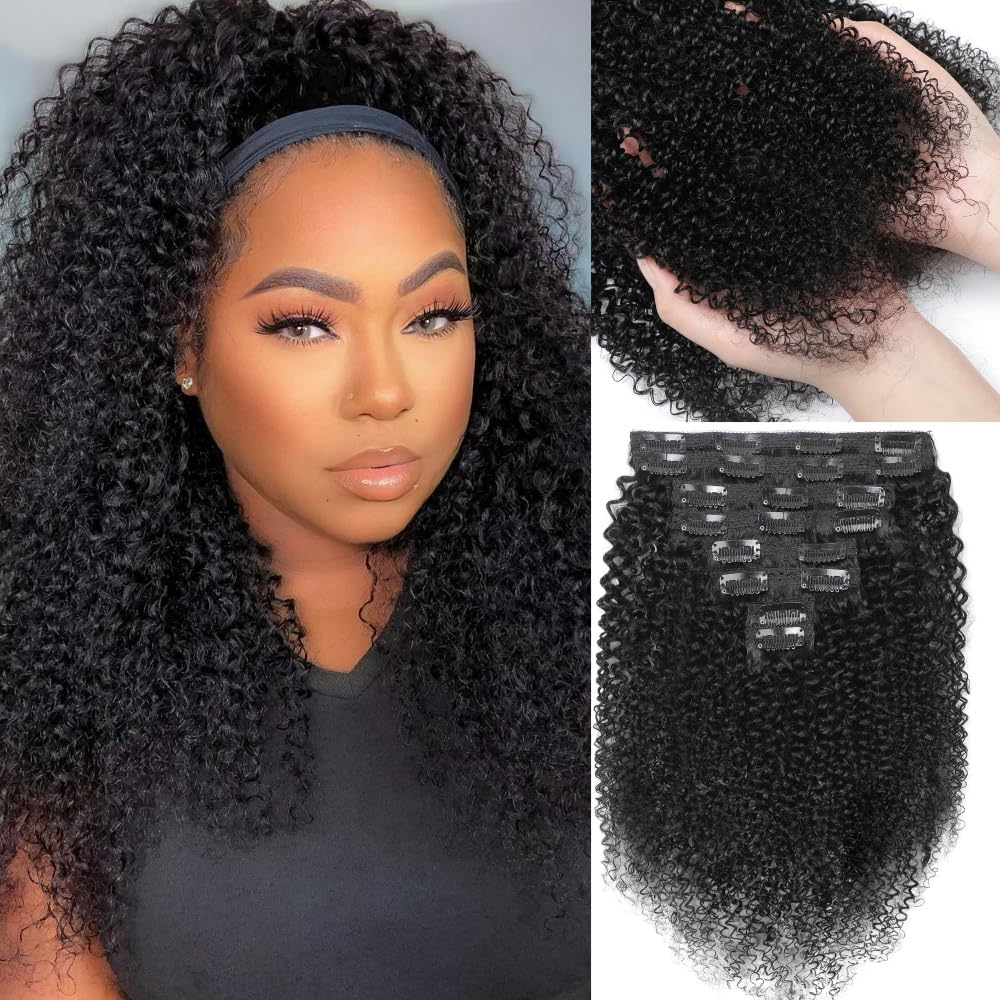 YDDM Kinky Curly Clip ins Human Hair Kinky Curly Clip in Hair Extensions for Black Woman Full Head Brazilian Virgin Human Hair Natural Black Double Weft Clip ins 20 Inch 120g 8pcs 20Clips