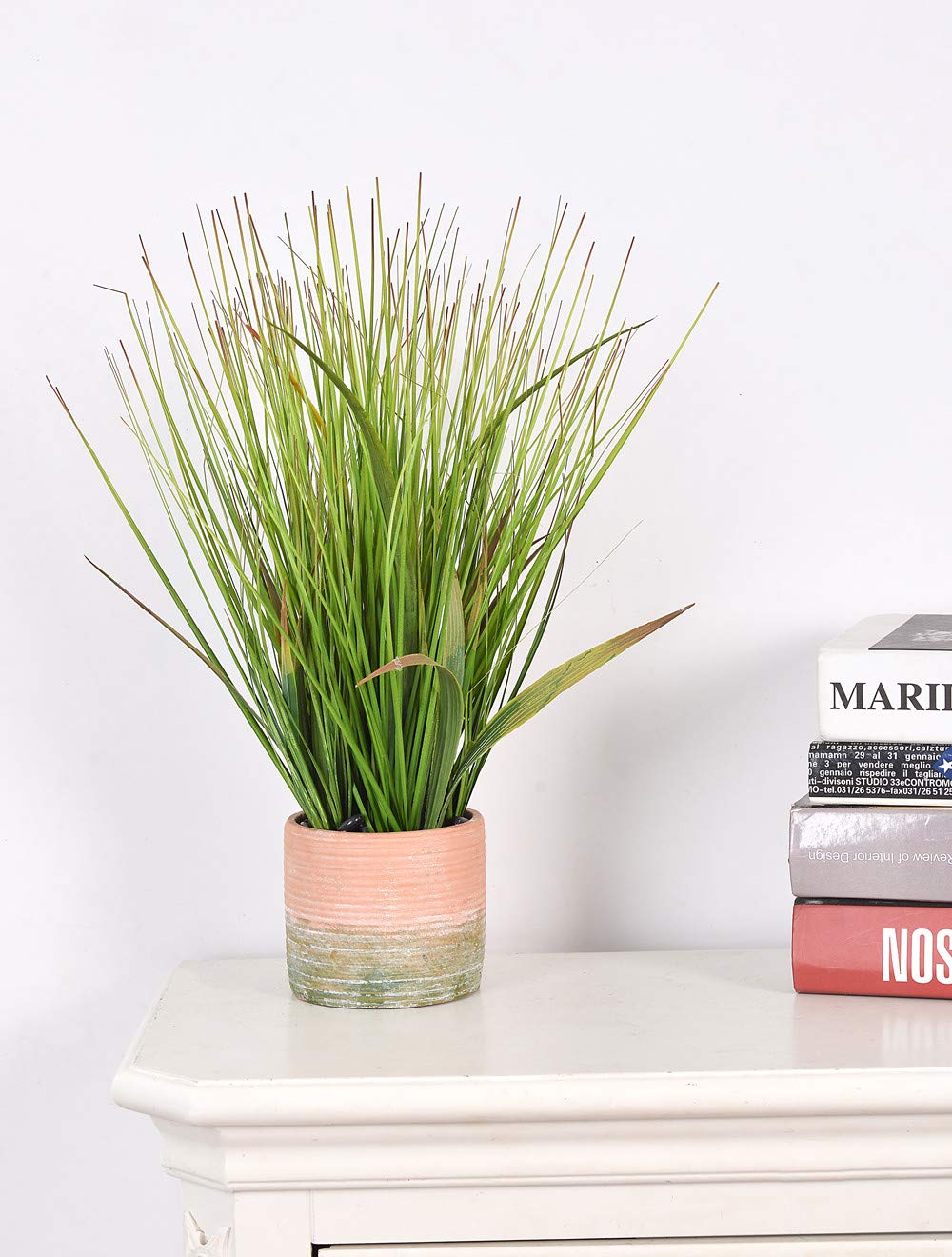 Artificial 16 inches Green PVC Grass Potted Plant, Authentic Looking Fake River Grass with Planter