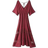 Olaesa Women's Lace Maxi Dress Short Sleeve V Neck Party Dress Smocked Waist Boho Maxi Dress Bohemian Dress for Women