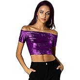 Allegra K Women's Halloween Off Shoulder Party Club Slim Fit Shiny Metallic Crop Top