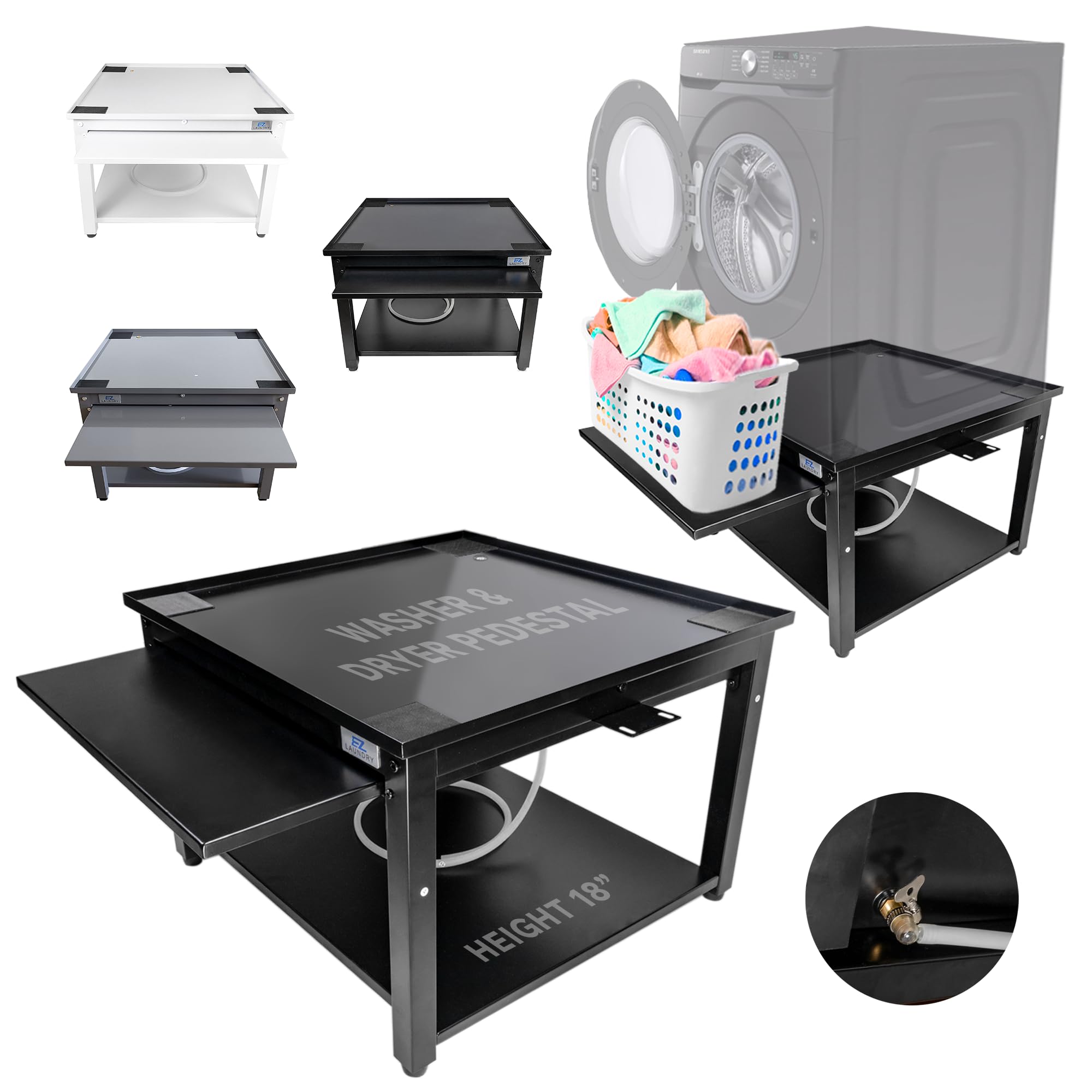 Photo 1 of Washer and Dryer Pedestal with Pullout-Shelf - 29" W, 18" H, Black Steel Universal Fit with Major Brands | Laundry Pedestal with Drain Pan & Hose | Washer Stand for Back Pain Relief, 800 lbs Capacity