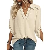 Dokotoo Womens Summer 2025 Dressy Casual Blouses V Neck 3/4 Sleeve Shirts Hollow Out Lace Collar Tunic Tops