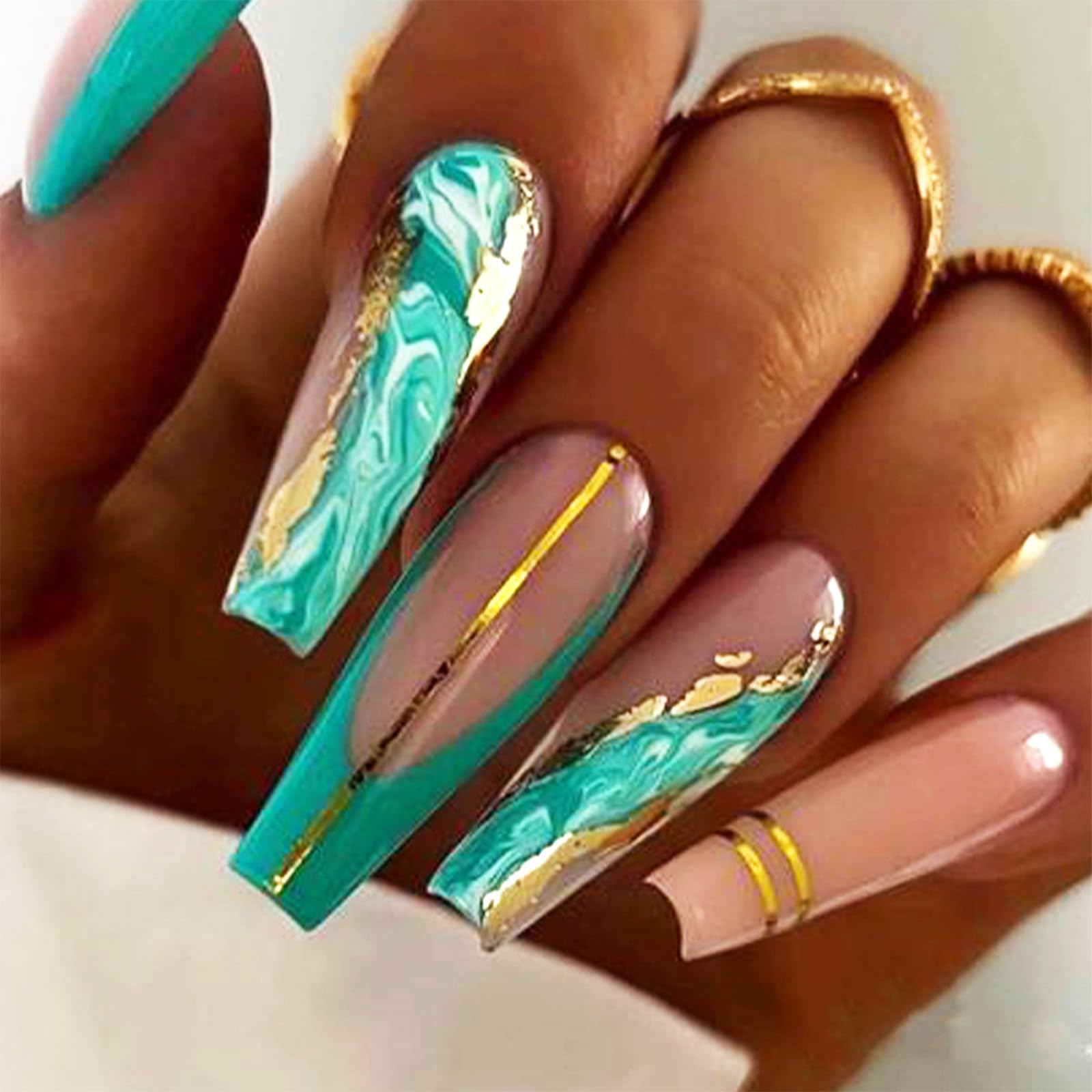 Photo 1 of 24Pcs Marble Press on Nails with Line Design, Gold Foil Manicure Art Acrylic Long Coffin Full Cover False Nails Stick on Glossy Green French Tips Gel Glue on Nails for Women Girls