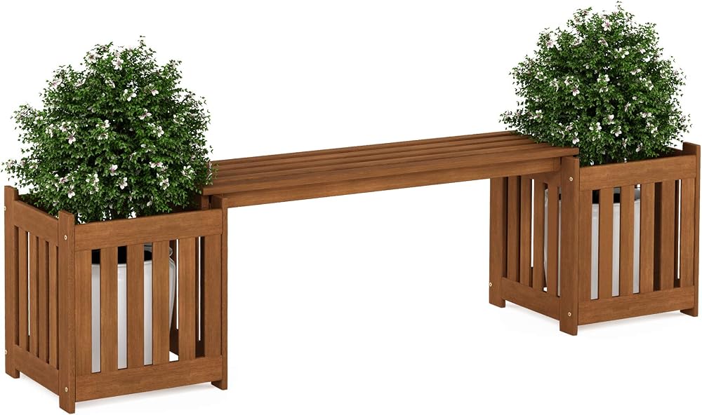 Furinno Outdoor Planter Box with Seater Wood Natural 173.99 W x 45.46 H x 40.13