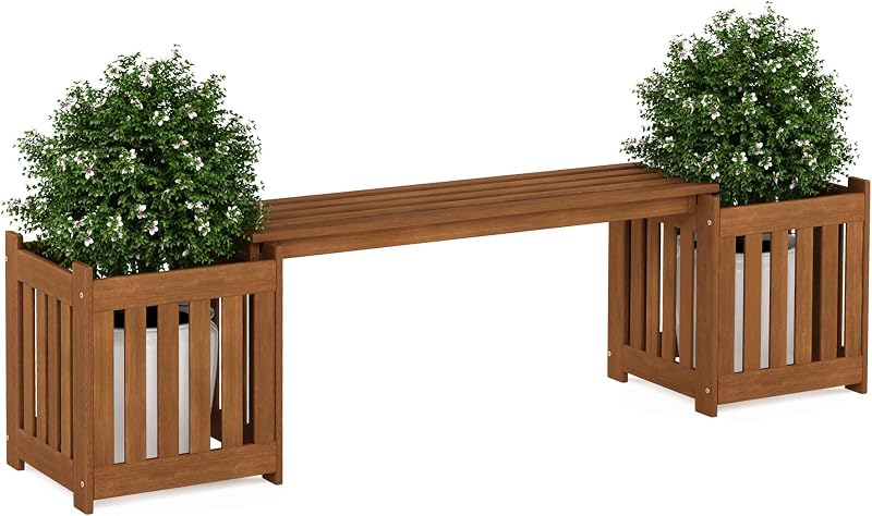 Furinno Outdoor Planter Box with Seater Wood Natural 173.99 W x 45.46 H x 40.13