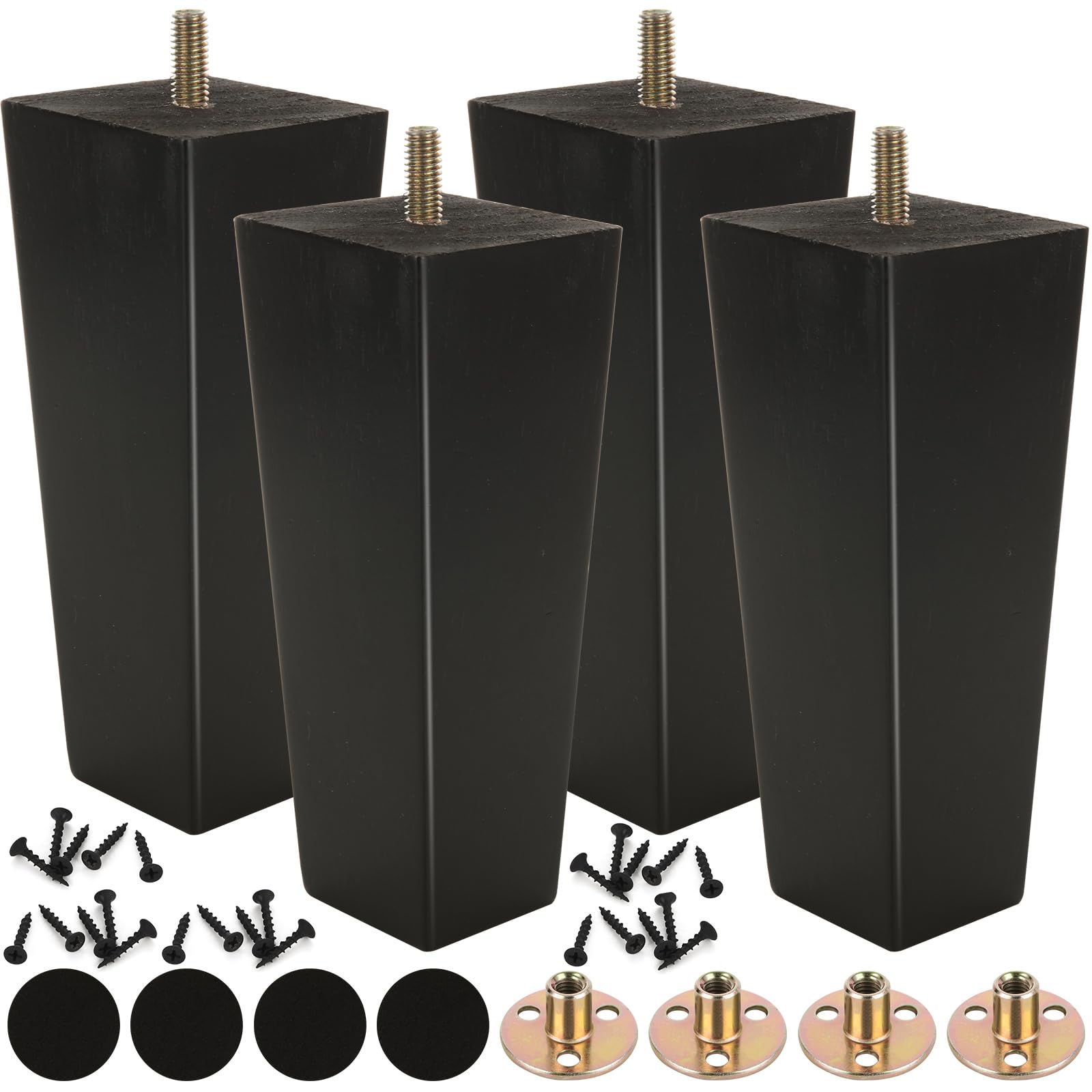 VIDETOL Black Wooden Furniture Legs Set of 4, 6 inch / 15 cm Square Sofa Legs, Solid Wood Furniture Replacement Feet with Screws, Mounting Plate, Rubber Mats for Sofa, Chair, Cupboard, Couch