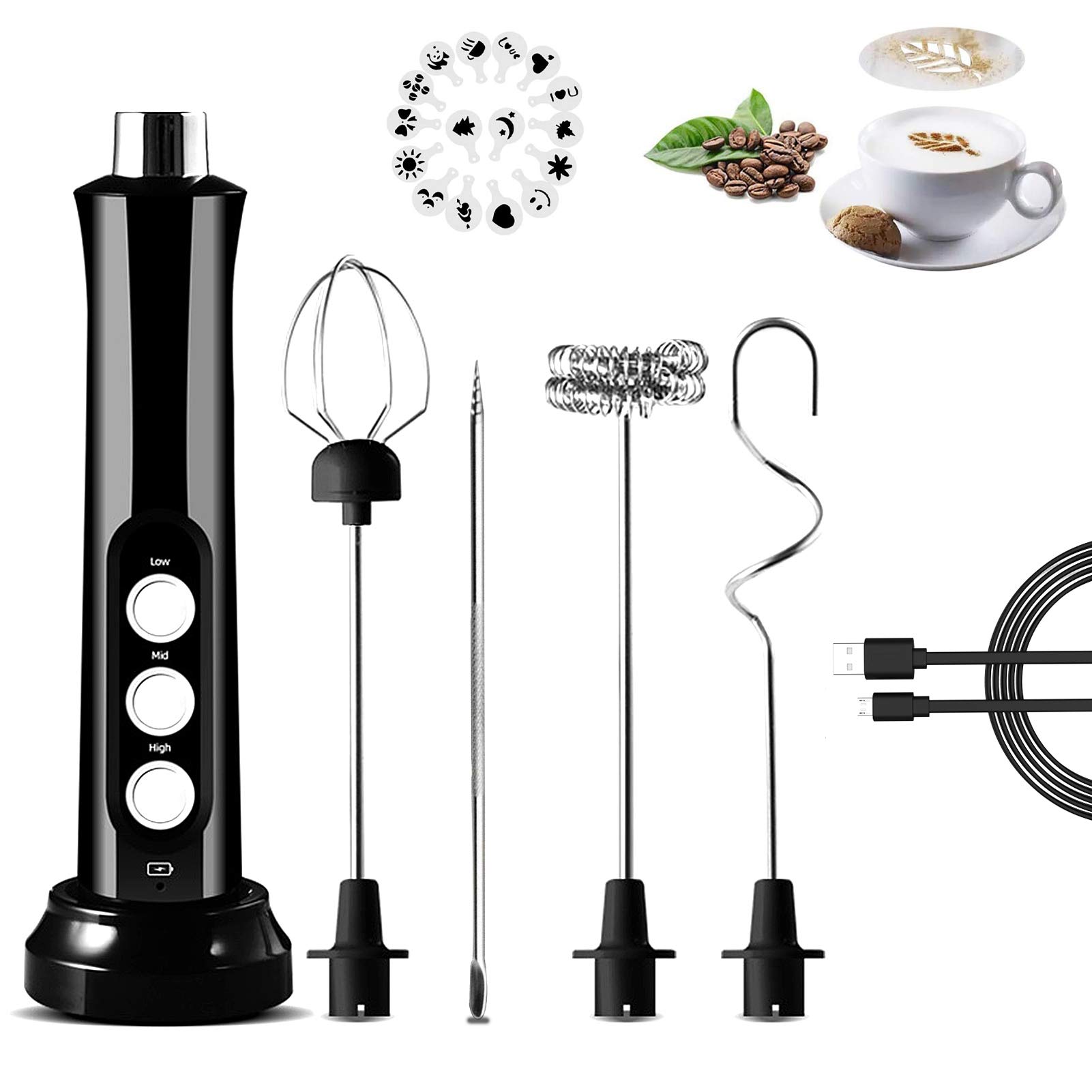 Clenp Milk Frother, USB Rechargeable Milk Frother Handheld Electric 3 Speeds Foam Maker with Stainless Steel Whisk for Cappuccino Latte Coffee Protein Powder Matcha Black One Size