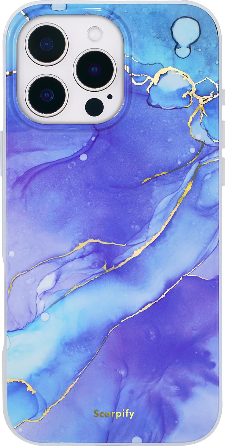 SCORPIFY for iPhone 16 Pro Case [Compatible with MagSafe] with Fantasy Blue Marble Design, Cute Magnetic Phone Cover for Women Girls and Men, Slim Shockproof Bumper with Gold Accents