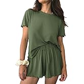 Ekouaer Womens Pajamas 2 Piece Ribbed Knit Pjs Short Sleeve Sleepwear Set Summer Soft Pajamas Set Casual Lounge Sets