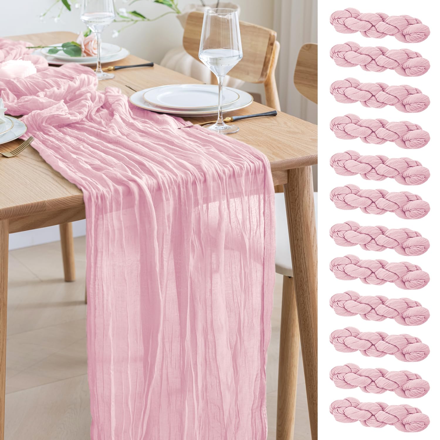 Photo 1 of Asee'm 12pcs Cheesecloth Table Runner 120 Inches Blushing Pink Boho Gauze Cheese Cloth Runner 10FT Rustic Sheer Table Runners for Summer Wedding Baby Shower Holiday Party Decoration