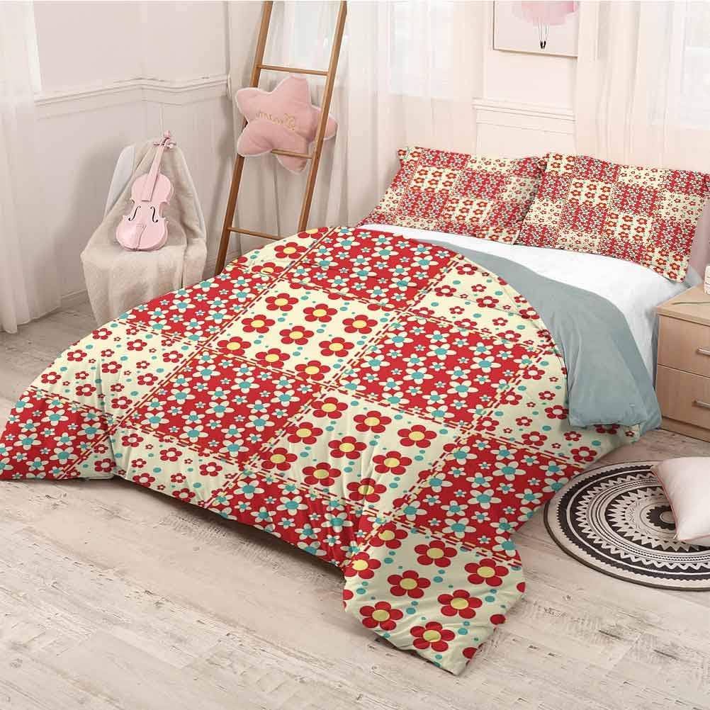 Ford Mackintosh Cabin Decor Pure Bedding Hotel Luxury Bed Linen Traditional Quilt Pattern with Spring Garden Flowers Daisies Polyester - Soft and Breathable (Full) Light Yellow Turquoise Red
