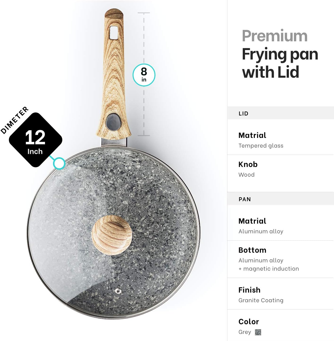 Mitbak 12-Inch Non-Stick Frying Pan with Lid | Granite Coating Nonstick Skillet with REMOVABLE Heat-Resistant Wooden Handle | Premium Cooking & Kitchen Utensil | Induction Compatible: Kitchen & Dining