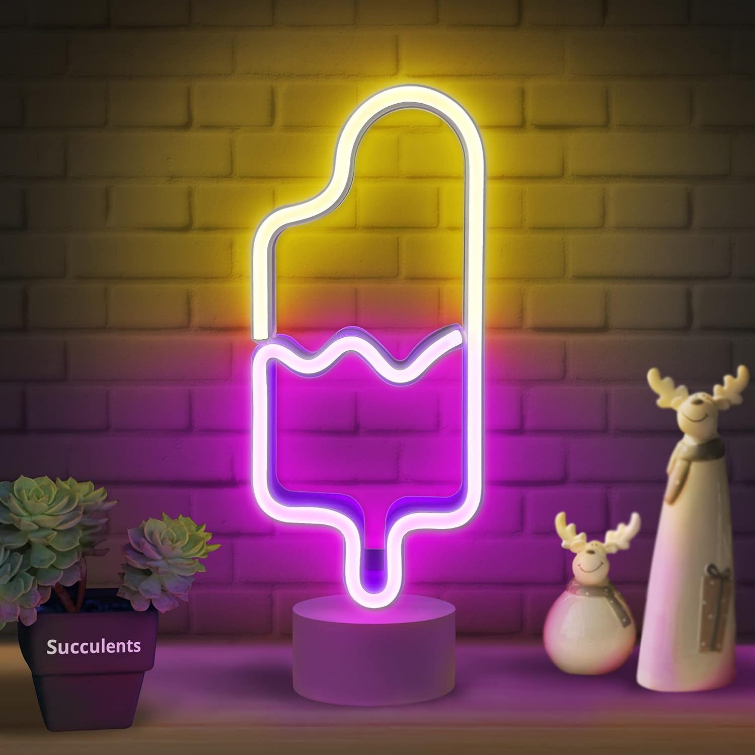 Lumoonosity Popsicle Neon Light - Popsicle Neon Sign for Bedroom, Desktop, Tabletop Decor - Battery/USB Powered Popsicle Lights - Ice Cream Night Light Lamp with Stand- Pink & Warm White Led Signs
