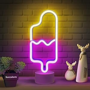 Lumoonosity Popsicle Neon Light - Popsicle Neon Sign for Bedroom, Desktop, Tabletop Decor - Battery/USB Powered Popsicle Lights - Ice Cream Night Light Lamp with Stand- Pink & Warm White Led Signs