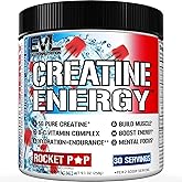 EVL Creatine Energy Powder - 30 Servings - Rocket Pop | Supports Muscle Growth, Energy, Endurance &amp; Cognition - 5g Pure Creatine Monohydrate Per Serving - B + C Vitamin Complex