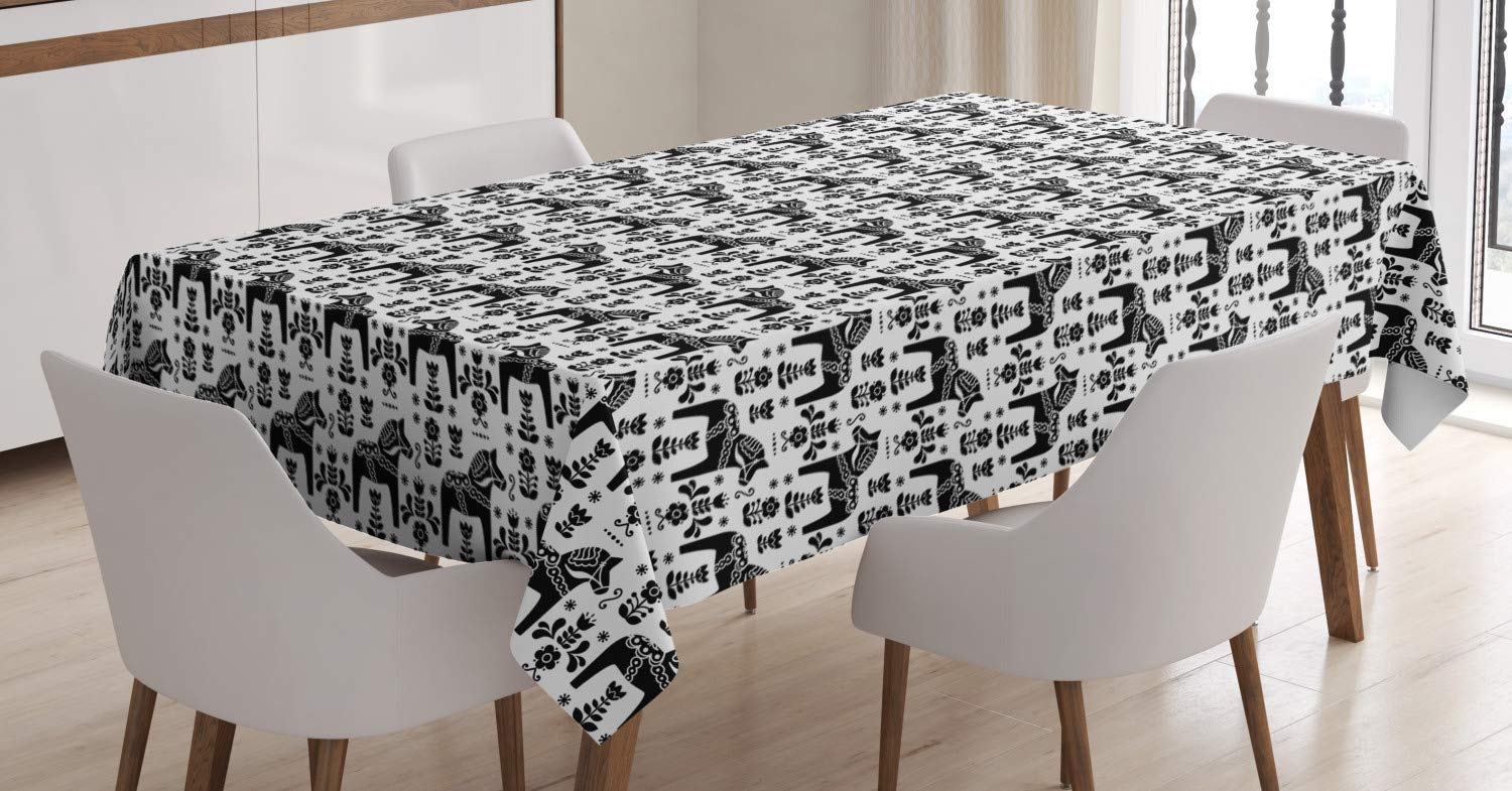 ABAKUHAUS Nordic Tablecloth, Swedish Folk Art with Dalecarlian Horse Silhouettes and Ornate Flower Motifs, Dining Room Kitchen Table Cover, 54" x 94", Black and white