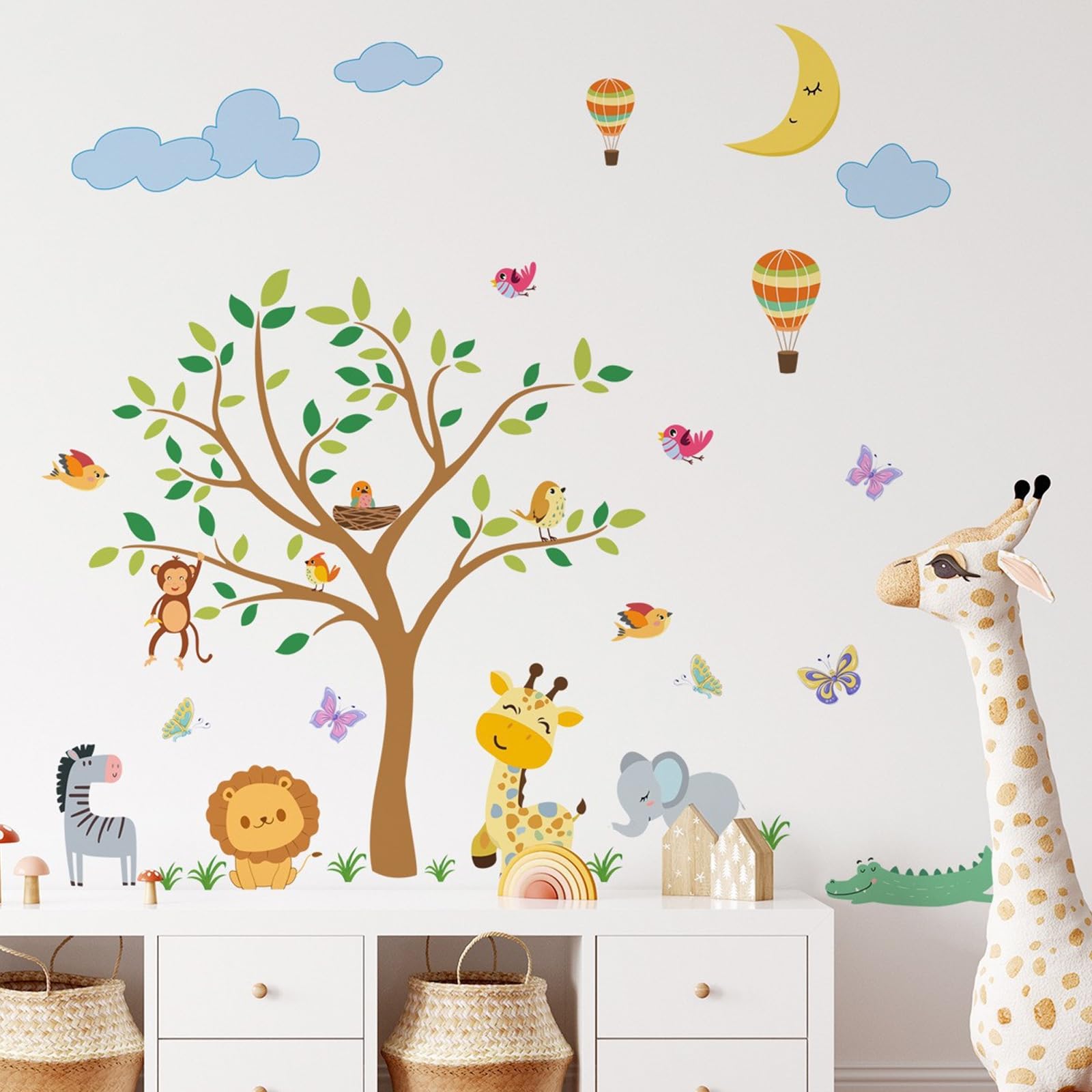 Jungle Animals Tree Wall Decals Elephant Giraffe Lion Safari Wall Stickers Baby Nursery Kids Bedroom Living Room Wall Decor and Creativity for Transforming Nursery, Classroom Etc