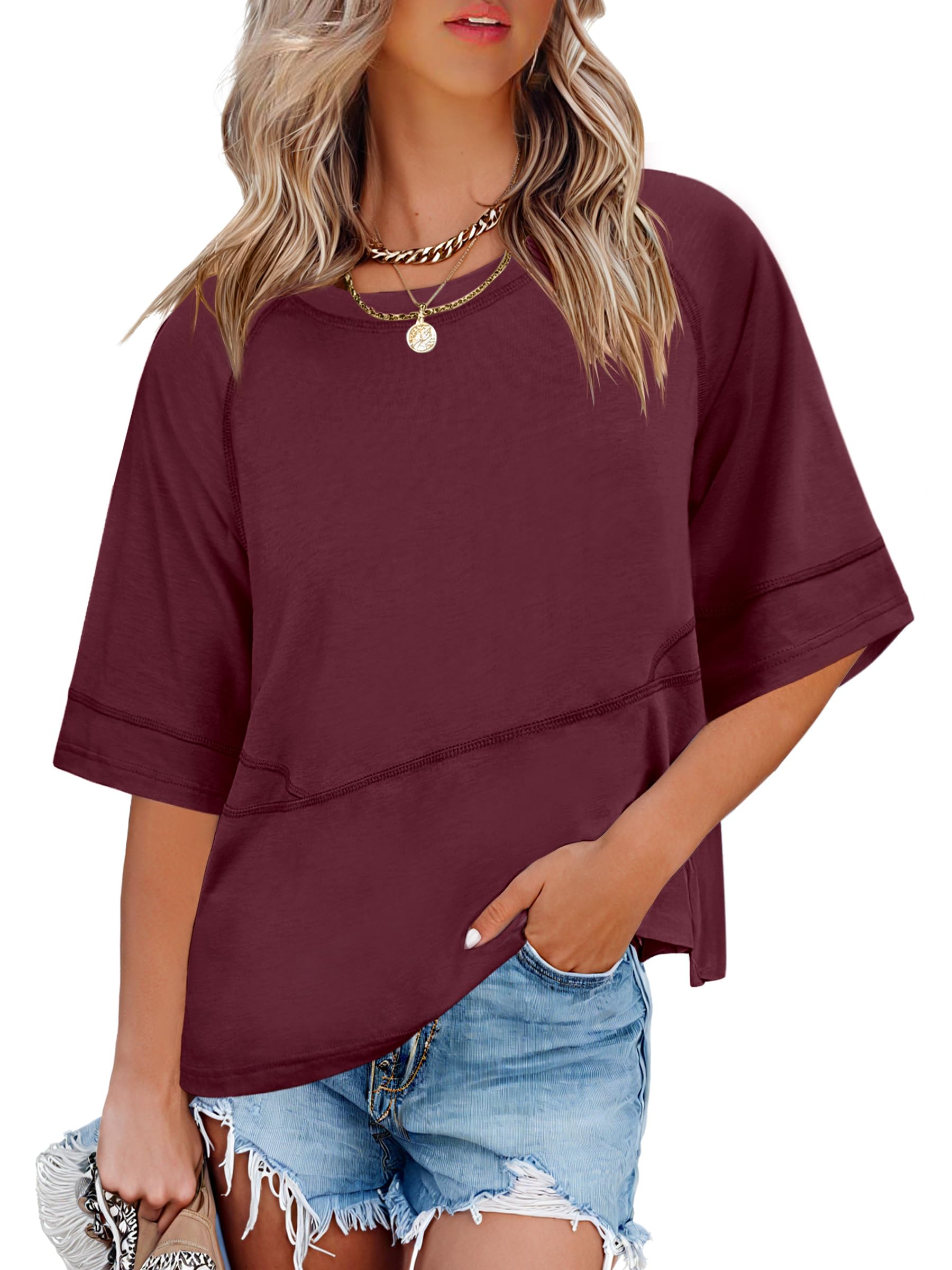 Photo 1 of ANRABESS Womens Tops Crewneck Half Sleeve Loose Fit T Shirts Solid Cute Flowy Shirts Summer Casual Tees 2025 Trendy Outfits Deep Red Large
