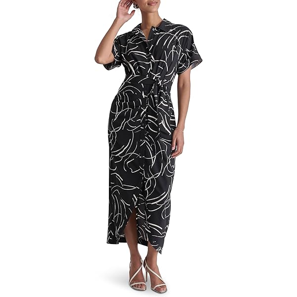 (取寄) ダナキャランニューヨーク レディース ショート スリーブ プリンテッド リネン ショルダー ストラップ ミディ ドレス DKNY women Short Sleeve Printed Linen Shoulder Strap Midi Dress Black/Cafe Au Lait Multi DKNY Short Sleeve Printed Linen Shoulder Strap Midi Dress Black