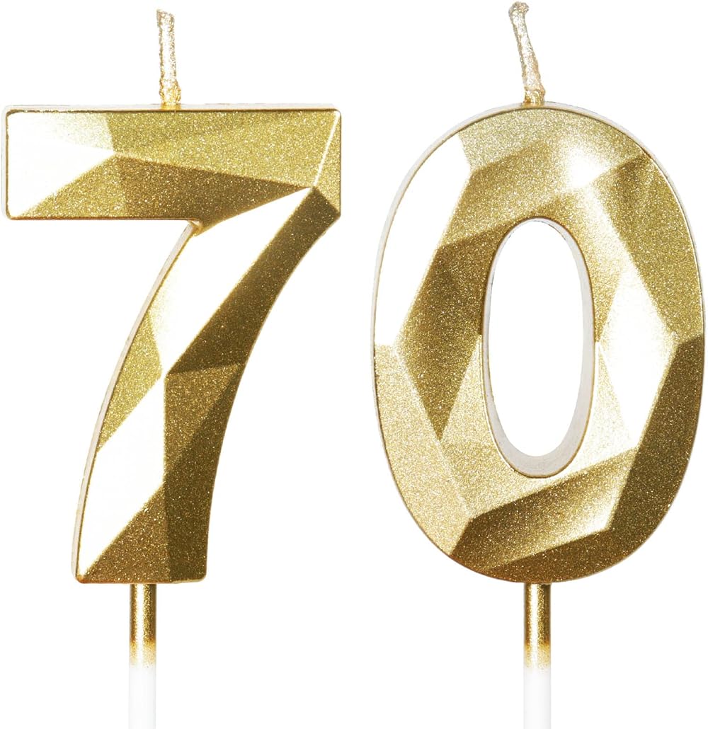 Yiran Gold 70 Birthday Candles 2pc 70 Happy Birthday Cake Topper