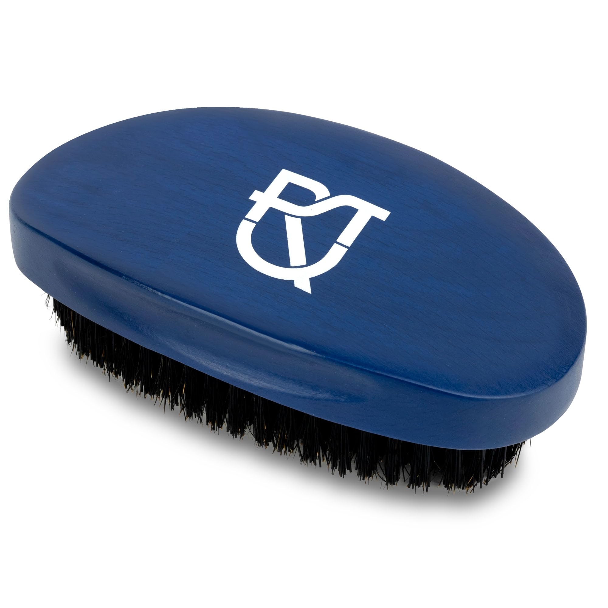 Roman-T Medium–Hard 360 Wave Brush With Reinforced Nylon and Boar Bristles - Curved Wave Brush with Wooden Base (Blue)