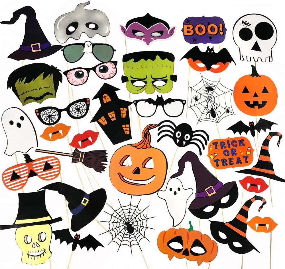 PUSITI Pre-assembled Halloween Photo Booth Props 35 Pieces Party Favors Decorations Halloween Props Pumpkin Ghost Lips Skull Glasses Wizard Hat Spider Mask Pose Sign Kit Funny Halloween Photo Booth Props 2020 Version: Toys & Games