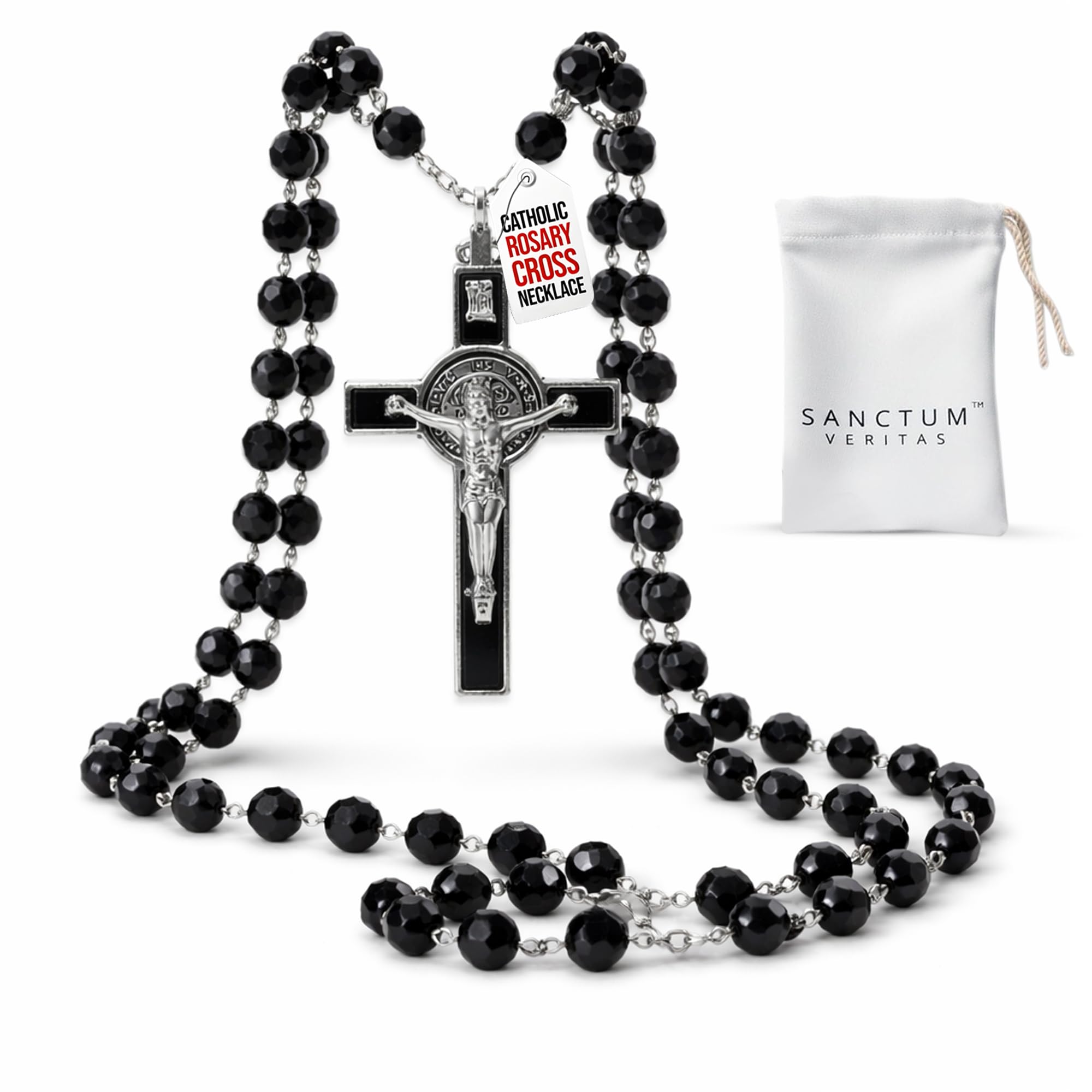 SANCTUM VERITAS Catholic Rosary Necklace | Large Bead Italian Rosary, Christian Prayer Beads for Car Mirror Decor, First Communion Religious Gift for Men and Women, Catholic Keepsake, Crystal