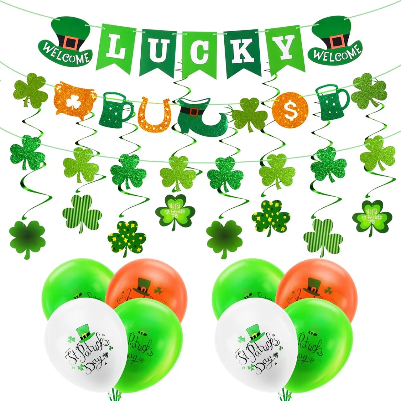 AhfuLife St Patrick's Day Banner Bunting Decorations, 3pcs Preassembled Shamrock Bunting Garland for St. Patricks Party, 8pcs Shamrock Clover Ceiling Hanging Swirls, 8pcs St Patrick's Day Balloons