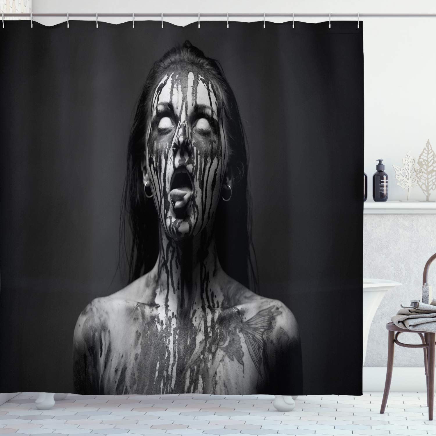 ABAKUHAUS Zombie Shower Curtain, Unusual Scream Monster Woman with Empty Eyes Looking up Horror Picture Design, Cloth Fabric Bathroom Decor Set with Hooks, 86 Inches Extra Long, Black and White