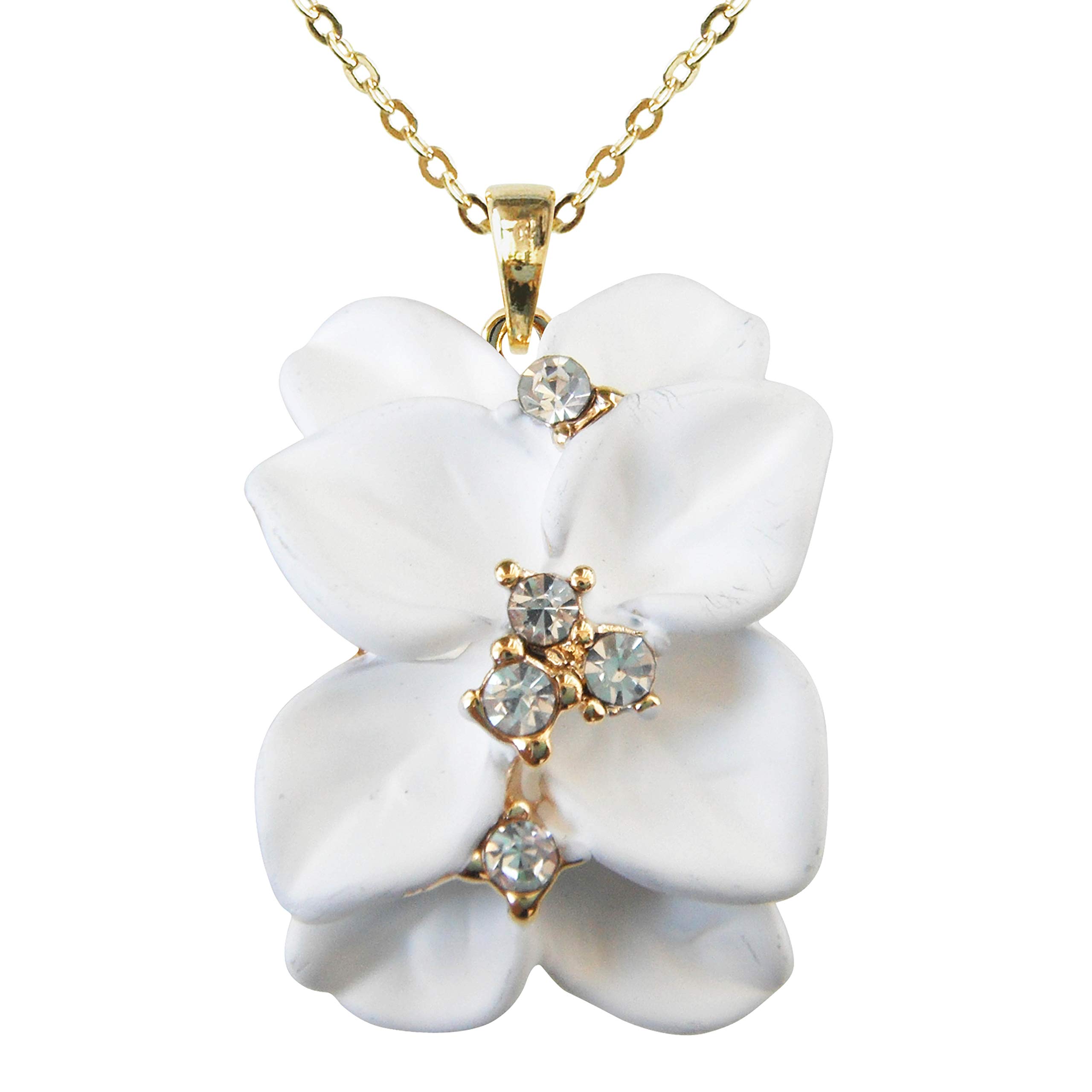 Navachi 18k Gold Plated Clear Crystal White Enamel Leaves Flower Az6077p Pendant Necklace 16"+2"