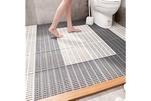 PENEPICO Square Stripe Shower Stall Mats Soft Non Slip 12pcs 11.8"* 11.8" Interlocking Bath Mats,Extra Large Bathroom Sensory Floor Mat with Hole,Bathtub Pool Secure Mats(11.8"*11.8" Grey Stripe, 12)