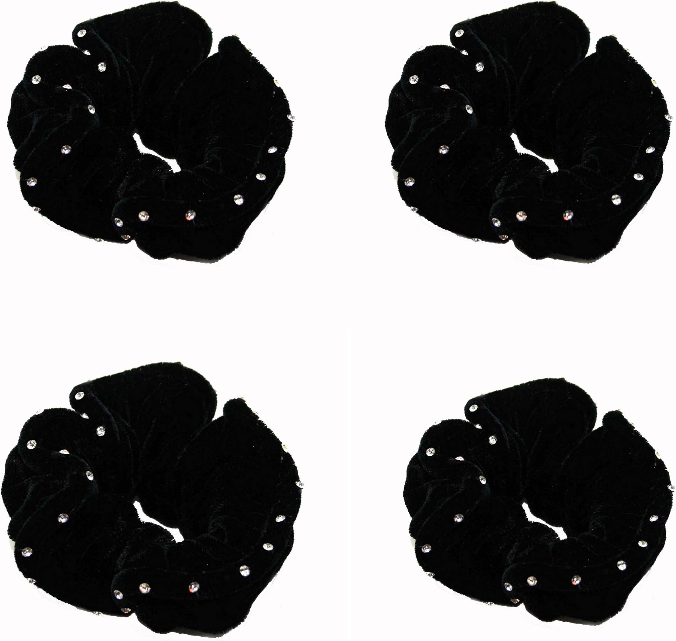 4 * Black Rhinestone Velvet Hair Elastic Band Bobble Scrunchie For Women & Girls