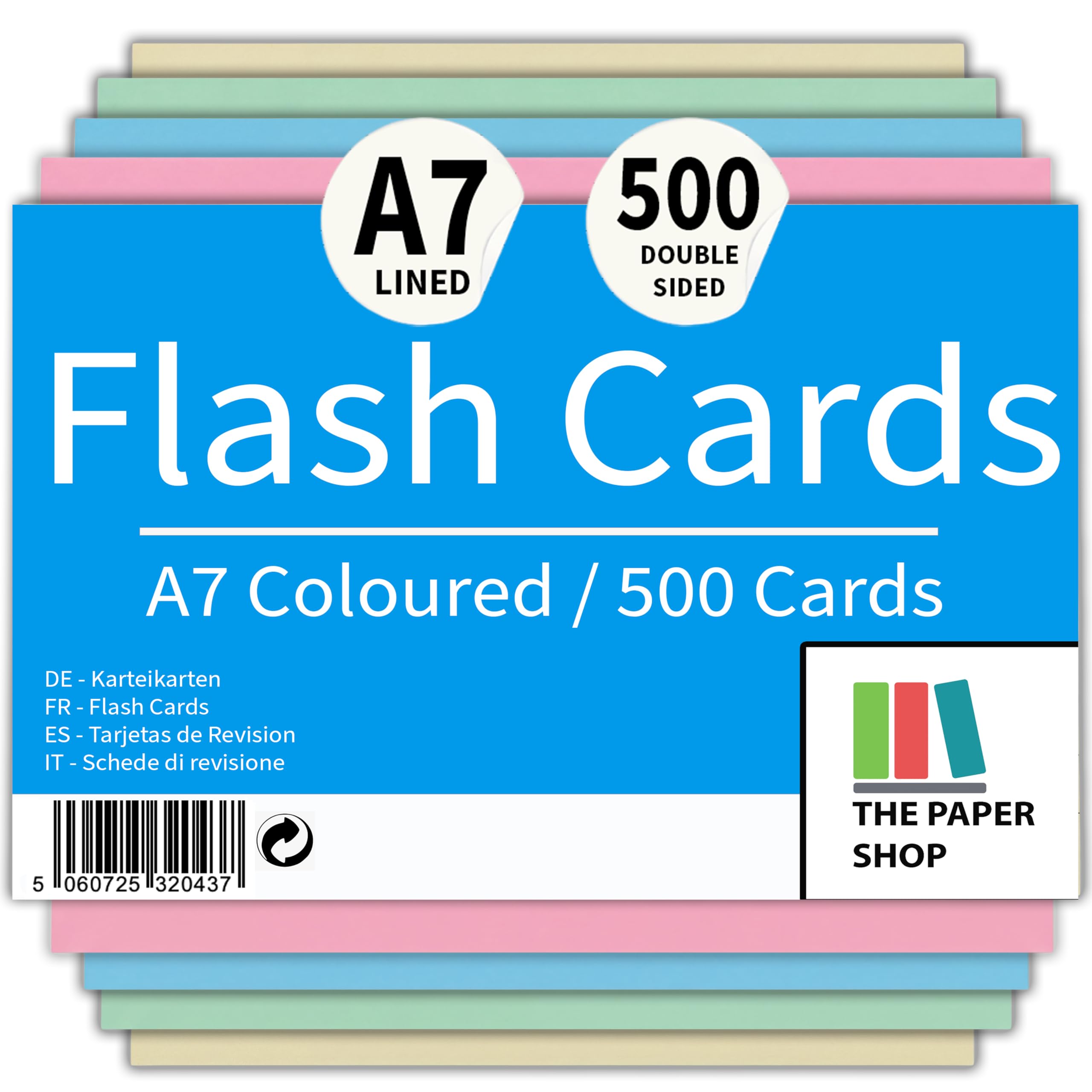 [500 Pack] Revision Cards 5x3 Coloured Record Cards FlashCards Ruled (5"x 3") 127mm x 76mm Blank Flash Cards Index Cards