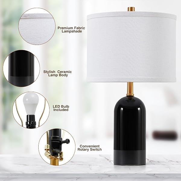 GYROVU MODERN CERAMIC TABLE LAMP SET OF 2, BLACK BEDSIDE LAMP 21.5″ TALL NIGHTSTAND LAMP END TABLE LAMPS FOR LIVING ROOM BEDROOM (BULBS INCLUDED)